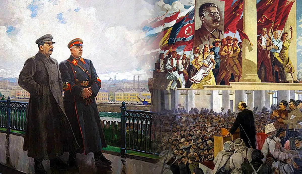 Stalin and Voroshilov in the Kremlin, Aleksandr Gerasimov, 1938; The First Speech of Vladamir Lenin at a Meeting in Smolny, the Petrograd Soviet on Oct. 25, 1917, Konstantin Yuon, 1935; and Fighting for Peace, Jules Perahim, 1950